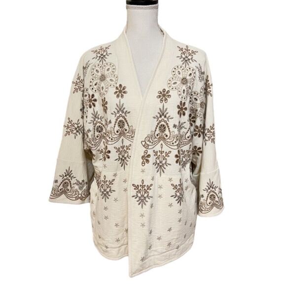 Johnny Was NEW Floral Embroidered Open Cardigan Jacket Cream Sz S Eyelet 3/4 slv - Picture 1 of 7